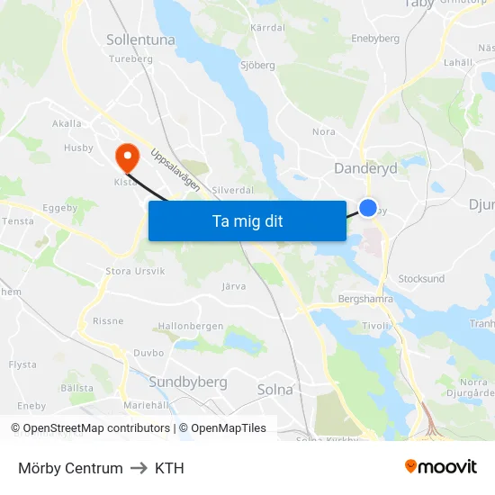 Mörby Centrum to KTH map