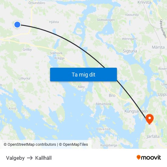 Valgeby to Kallhäll map