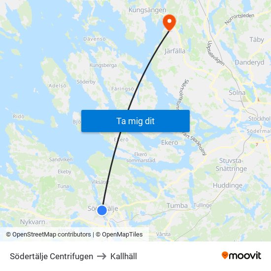 Södertälje Centrifugen to Kallhäll map