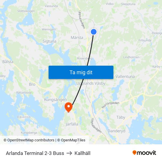Arlanda Terminal 2-3 Buss to Kallhäll map