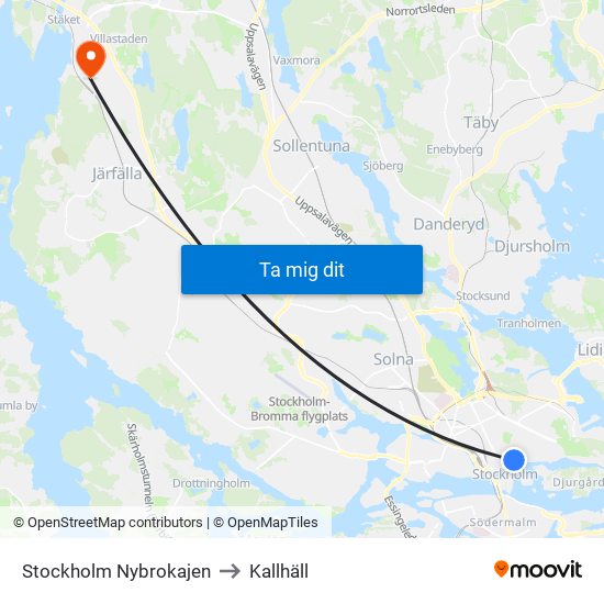 Stockholm Nybrokajen to Kallhäll map
