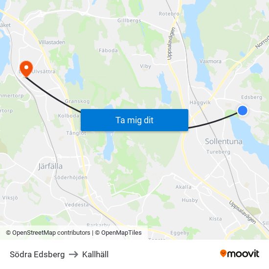 Södra Edsberg to Kallhäll map