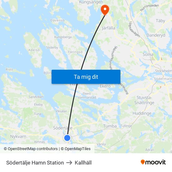 Södertälje Hamn Station to Kallhäll map