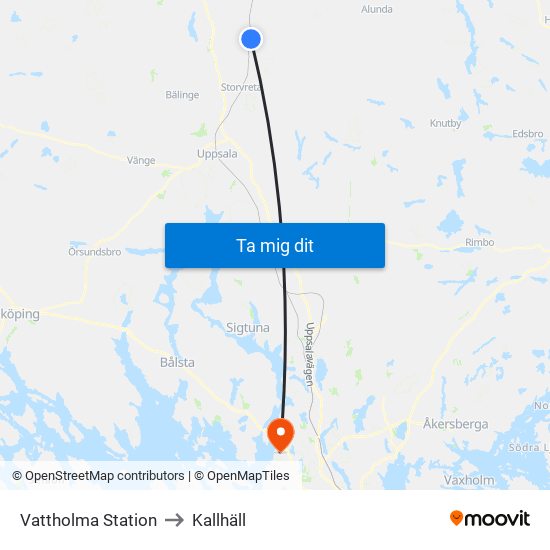 Vattholma Station to Kallhäll map