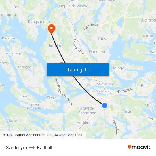 Svedmyra to Kallhäll map