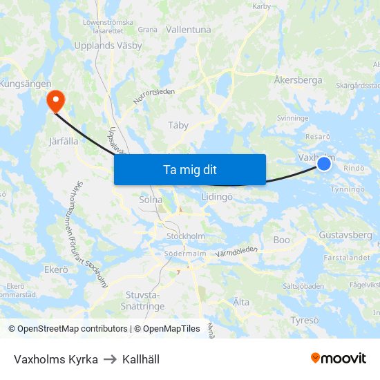 Vaxholms Kyrka to Kallhäll map