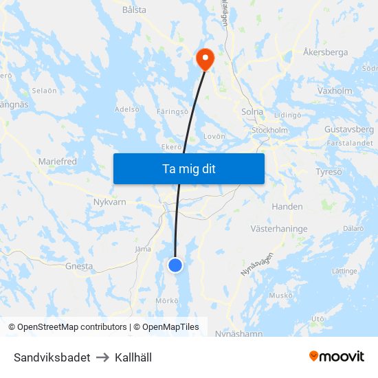 Sandviksbadet to Kallhäll map