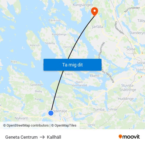 Geneta Centrum to Kallhäll map