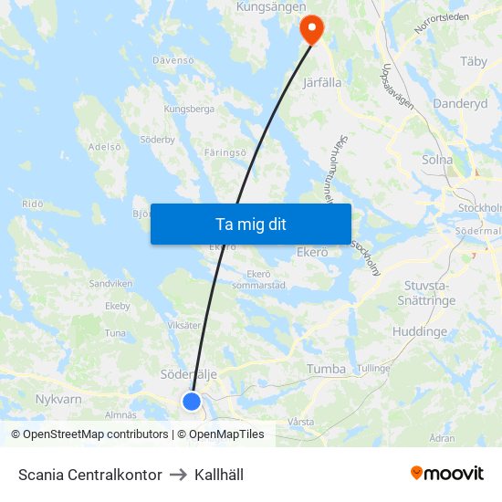 Scania Centralkontor to Kallhäll map