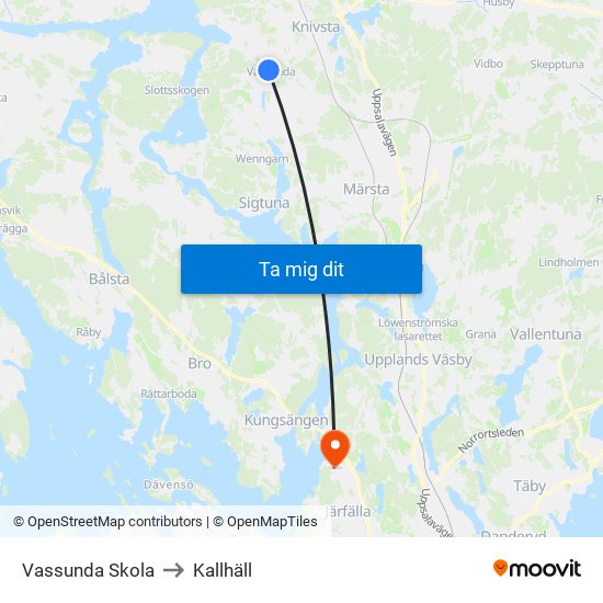 Vassunda Skola to Kallhäll map