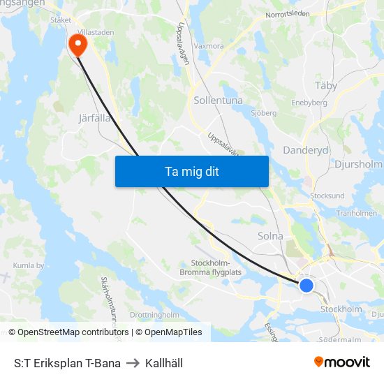 S:T Eriksplan T-Bana to Kallhäll map