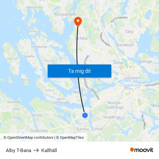 Alby T-Bana to Kallhäll map