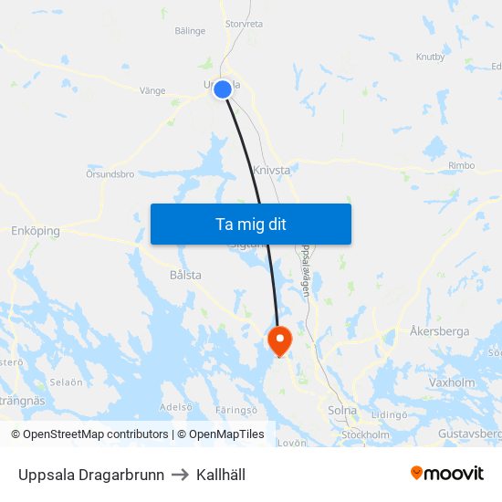 Uppsala Dragarbrunn to Kallhäll map