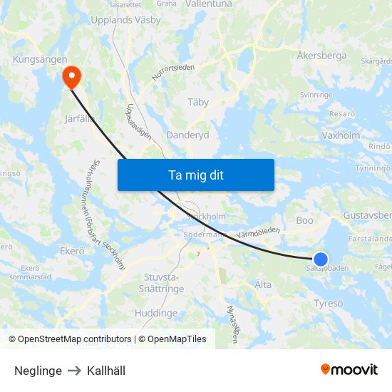 Neglinge to Kallhäll map