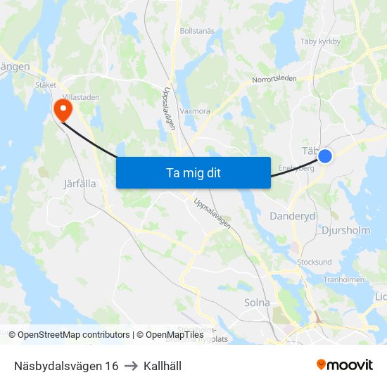 Näsbydalsvägen 16 to Kallhäll map