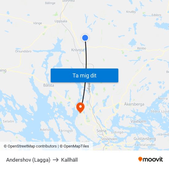 Andershov (Lagga) to Kallhäll map