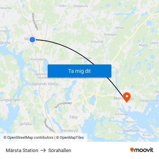 Märsta Station to Sörahallen map