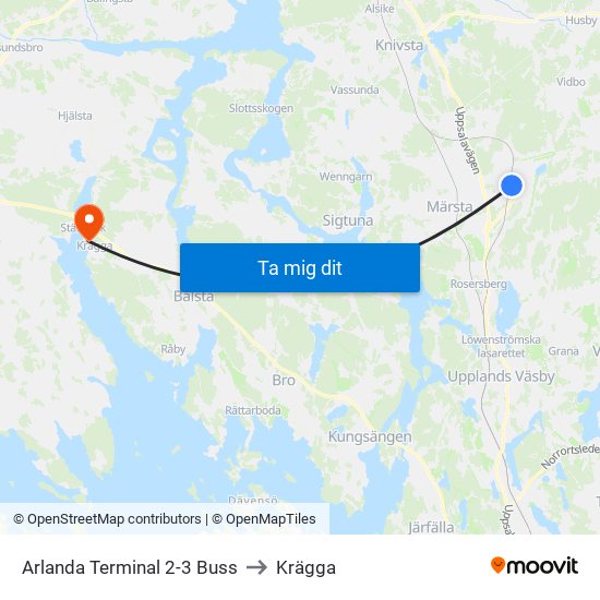 Arlanda Terminal 2-3 Buss to Krägga map