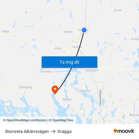 Storvreta Alkärrsvägen to Krägga map
