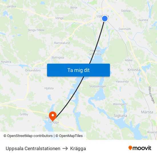 Uppsala Centralstationen to Krägga map