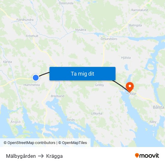 Mälbygården to Krägga map