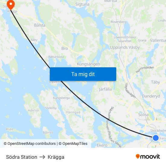 Södra Station to Krägga map