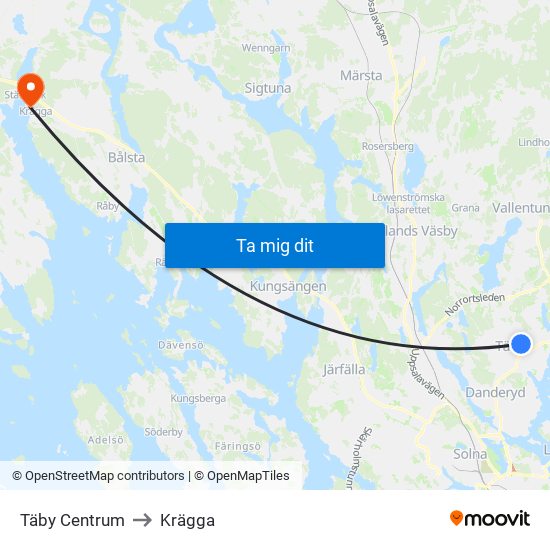 Täby Centrum to Krägga map