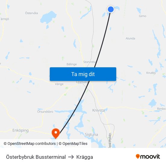 Österbybruk Bussterminal to Krägga map