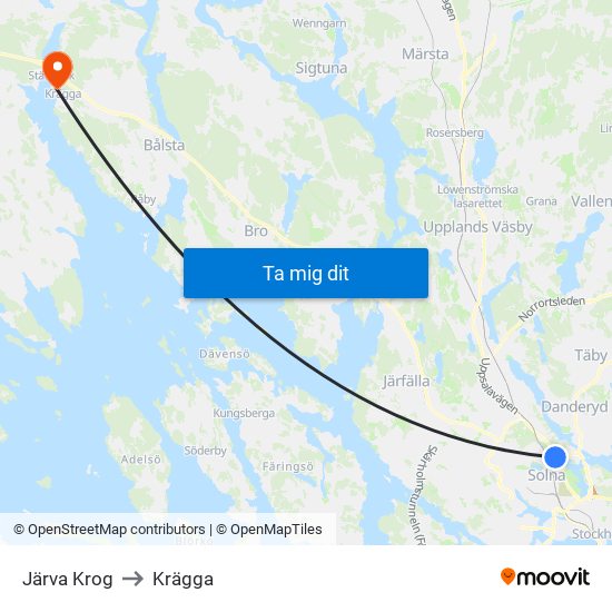 Järva Krog to Krägga map