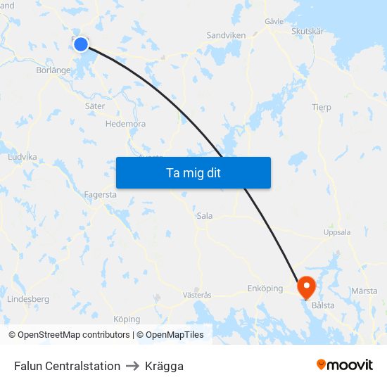 Falun Centralstation to Krägga map