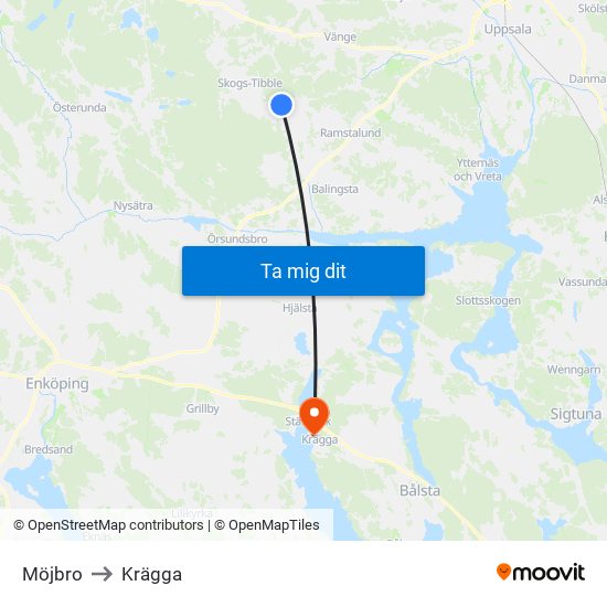 Möjbro to Krägga map
