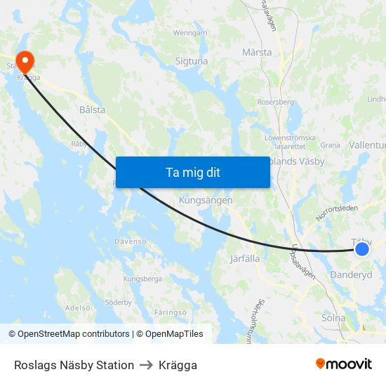 Roslags Näsby Station to Krägga map
