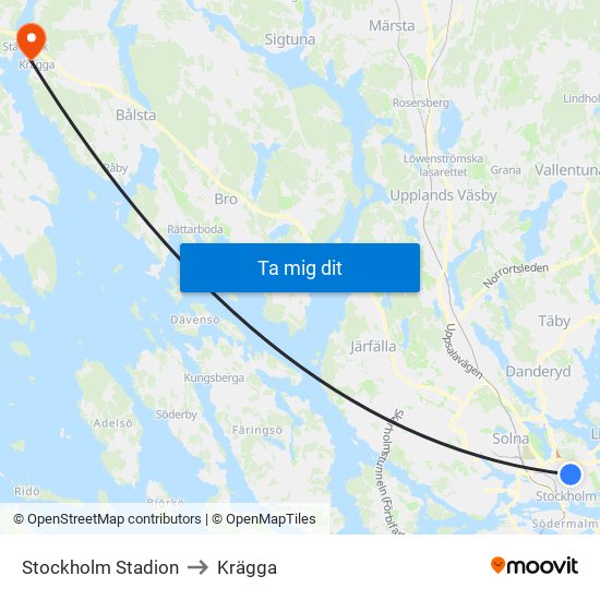 Stockholm Stadion to Krägga map