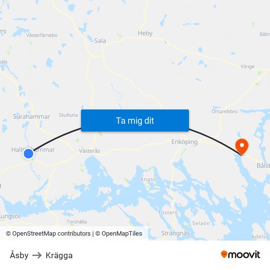 Åsby to Krägga map