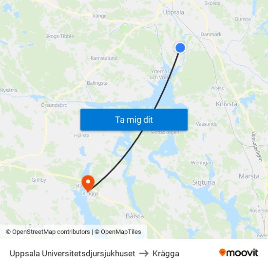 Uppsala Universitetsdjursjukhuset to Krägga map