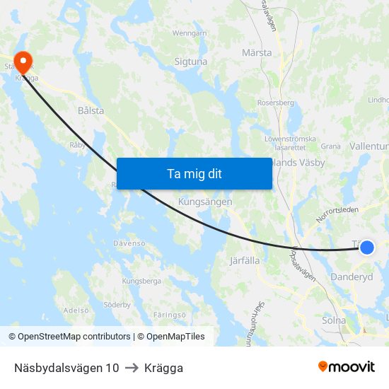 Näsbydalsvägen 10 to Krägga map