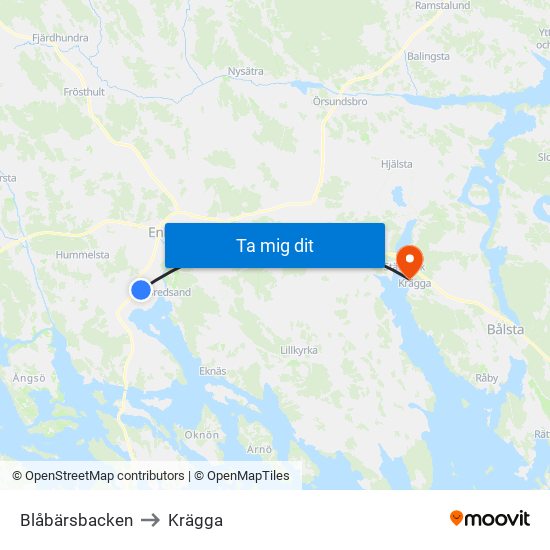 Blåbärsbacken to Krägga map