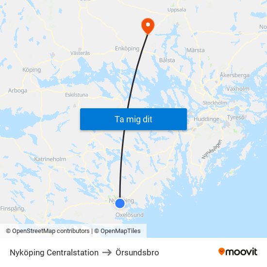 Nyköping Centralstation to Örsundsbro map