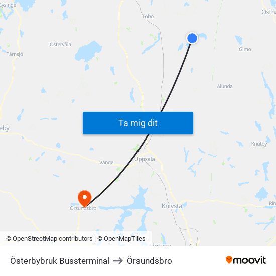 Österbybruk Bussterminal to Örsundsbro map