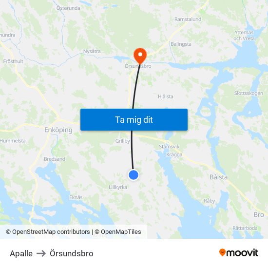 Apalle to Örsundsbro map