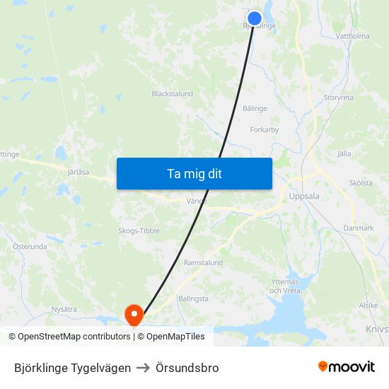 Björklinge Tygelvägen to Örsundsbro map