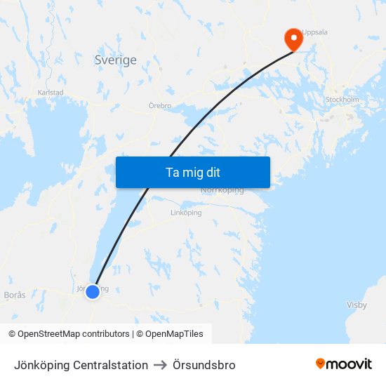 Jönköping Centralstation to Örsundsbro map