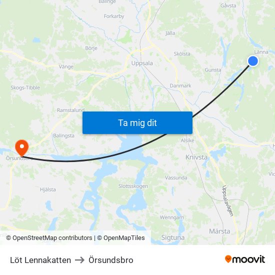 Löt Lennakatten to Örsundsbro map