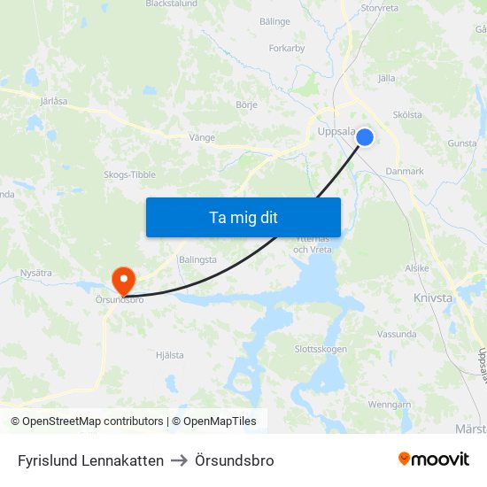 Fyrislund Lennakatten to Örsundsbro map