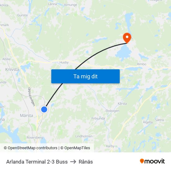 Arlanda Terminal 2-3 Buss to Rånäs map