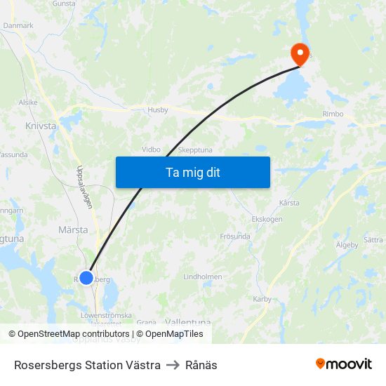 Rosersbergs Station Västra to Rånäs map