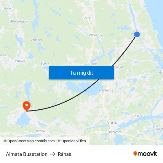 Älmsta Busstation to Rånäs map
