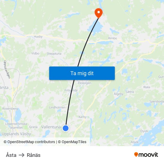 Åsta to Rånäs map