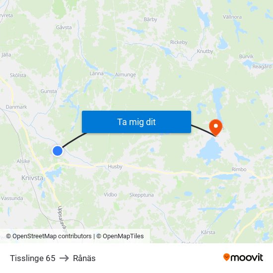 Tisslinge 65 to Rånäs map