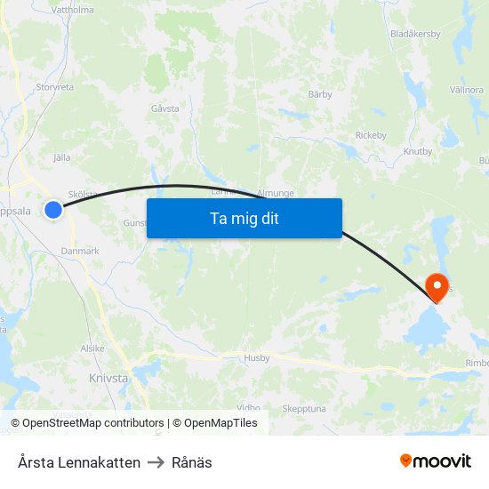 Årsta Lennakatten to Rånäs map